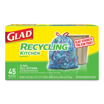 Glad® Tall Kitchen Blue Recycling Bags, 13 Gal, 0.9 Mil, 27.38" X 24", Translucent Blue, 45-box freeshipping - TVN Wholesale